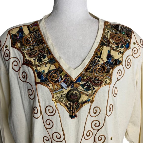 Vintage 90s Hand Painted T Shirt Dress M Cream Crochet Knit Fringe Pockets - Picture 2 of 10